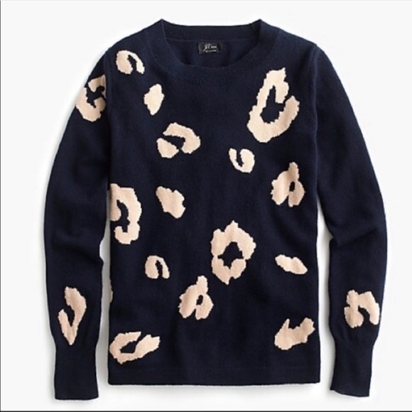 J. Crew Everyday 100% Cashmere Sweater Navy Leopard - Picture 2 of 11